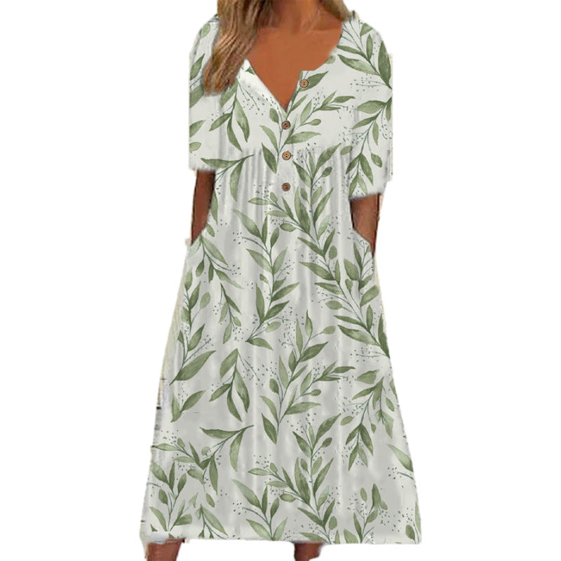 Women's Printed V-neck Dress With Button Pocket