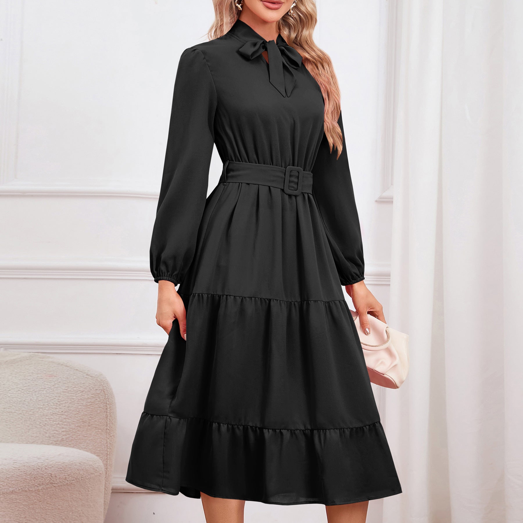 Women's Slim-fit Elegant Tied Cake A- Line Dress