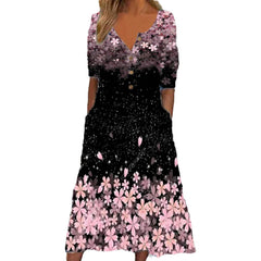 Women's Printed V-neck Dress With Button Pocket