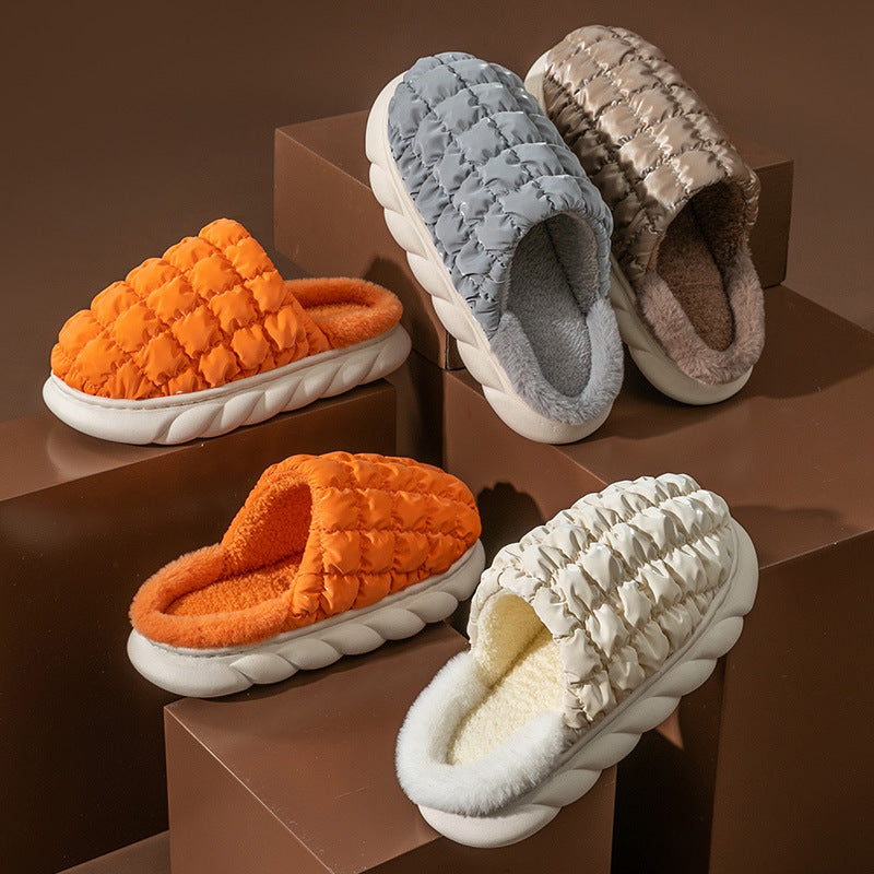 Plaid Bubble Home Slippers Winter Thick Sole Plush Shoes Women