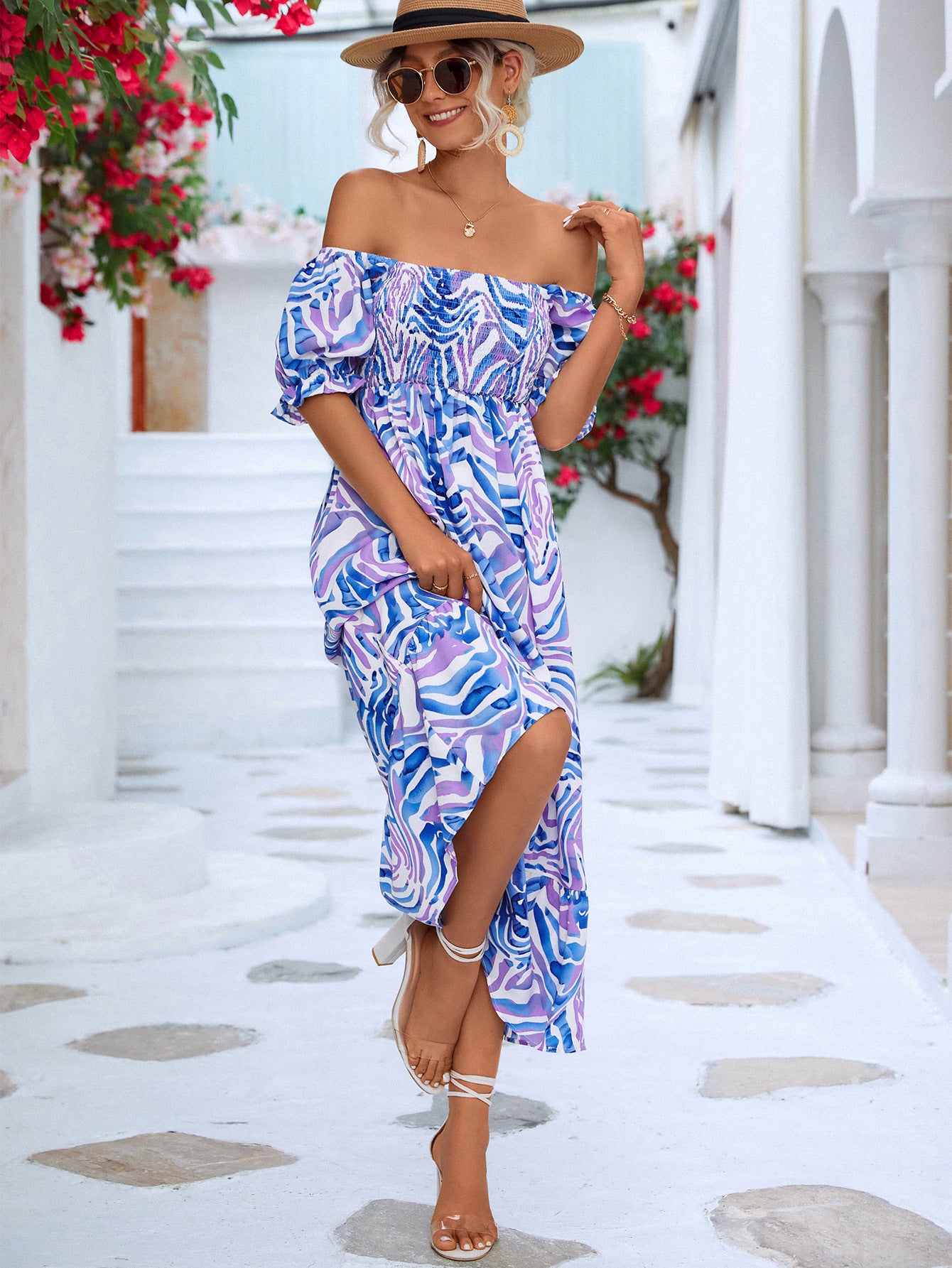 Women's Off-shoulder Smocking Printed Dress