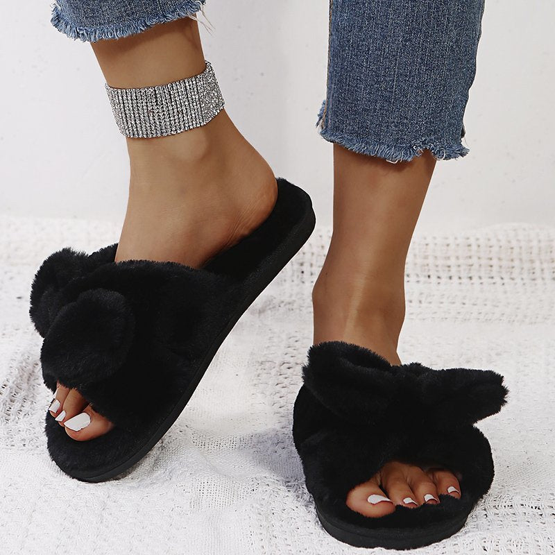 Hairy Drag Women Korean Fashion Bow Open-toed Outer Wear Home Warm Flat Cotton Slippers