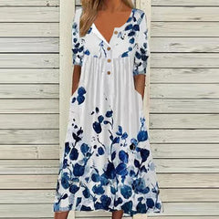 Women's Printed V-neck Dress With Button Pocket