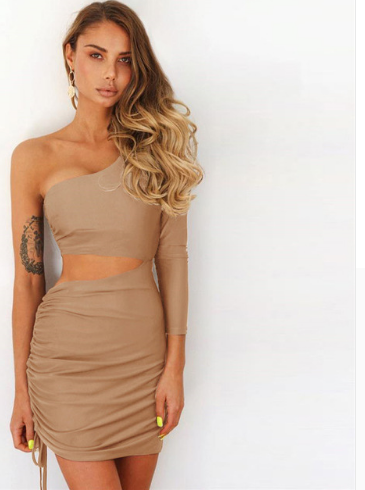 Sexy One Shoulder Cutout Long Sleeve Hip Dress