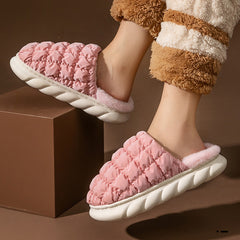 Plaid Bubble Home Slippers Winter Thick Sole Plush Shoes Women