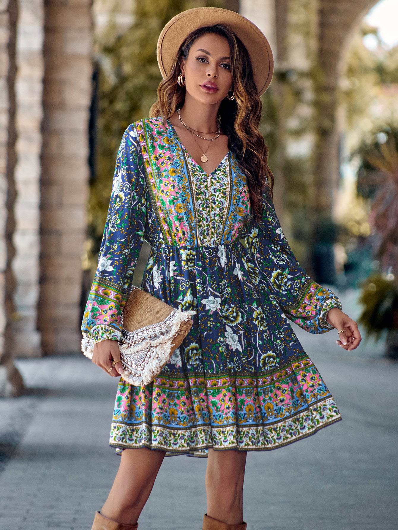 Printed V-neck Waist-controlled Long Sleeves Dress Women