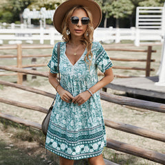 Women's Summer Boho Flower Print V Neck Dress