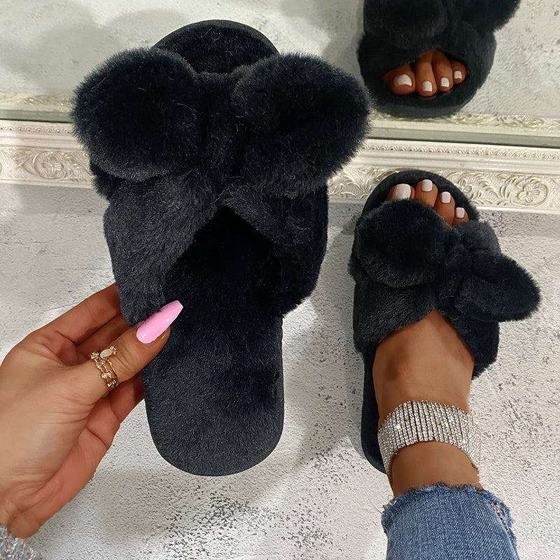 Hairy Drag Women Korean Fashion Bow Open-toed Outer Wear Home Warm Flat Cotton Slippers