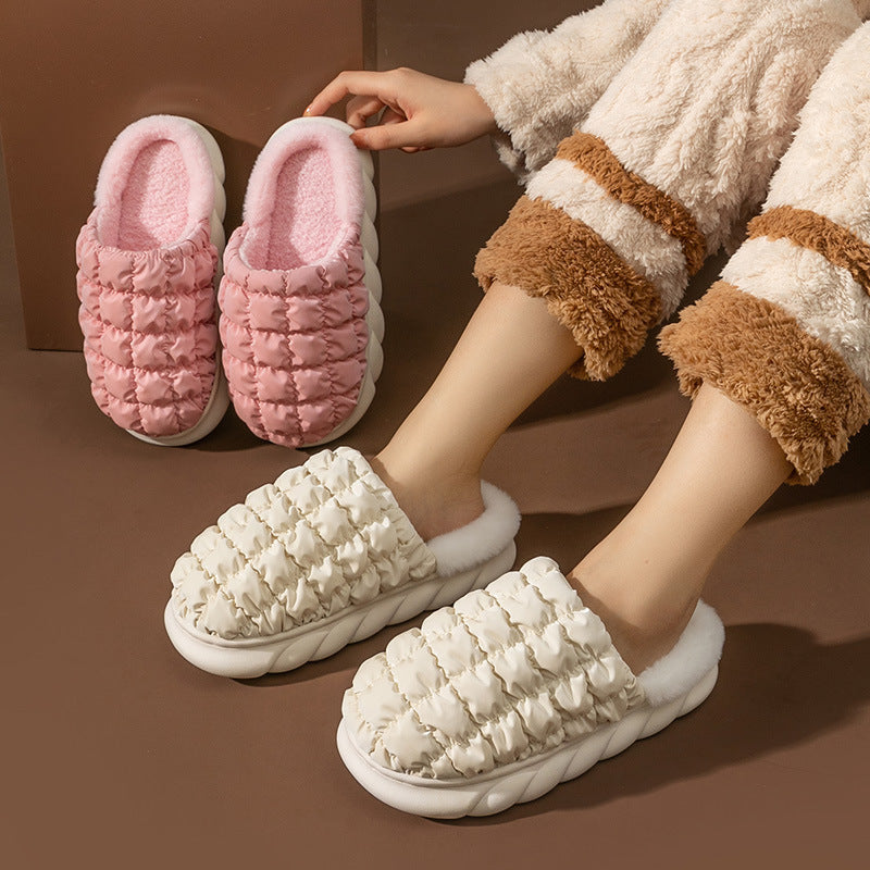 Plaid Bubble Home Slippers Winter Thick Sole Plush Shoes Women