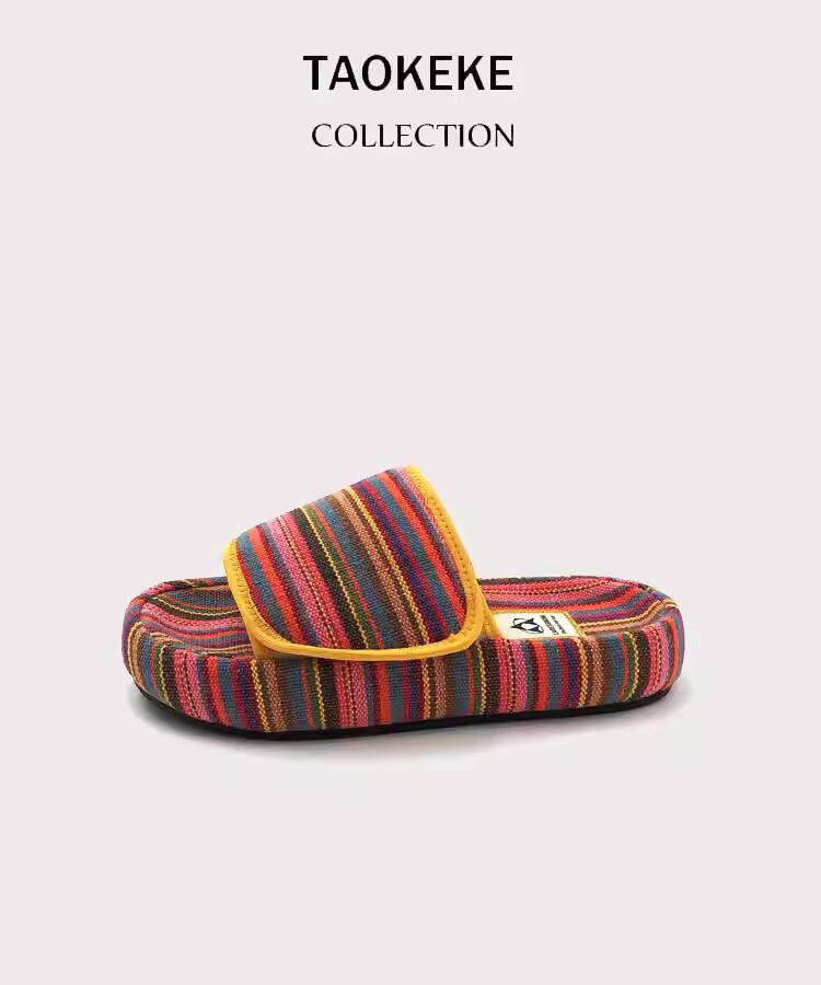 Paste Thick-soled Slippers Women 2023 Summer New Niche Design Rainbow Color Canvas Casual Outerwear Flip Flops