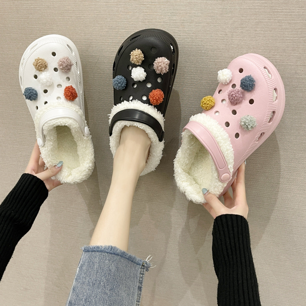 Dongdong Winter Plus Velvet Toe With Thick-soled Beach Detachable Woolen Cotton Slippers Women