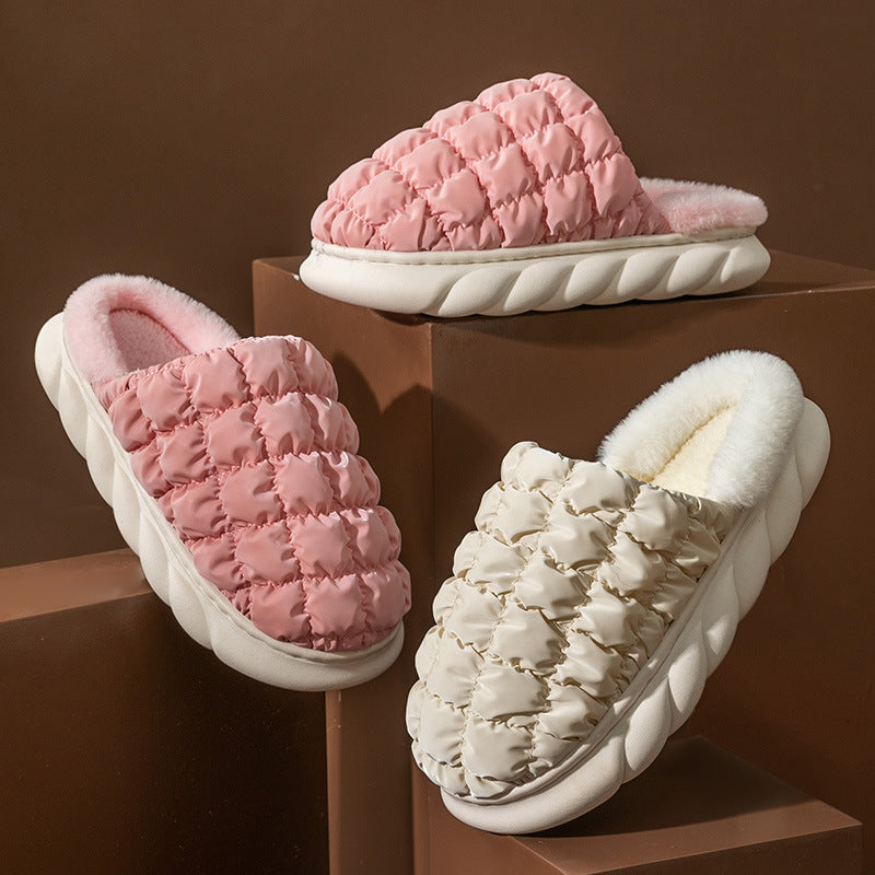 Plaid Bubble Home Slippers Winter Thick Sole Plush Shoes Women