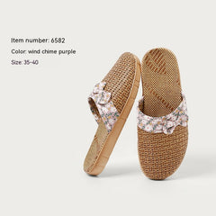 Linen Grass Slippers For Women Home Non-slip Indoor